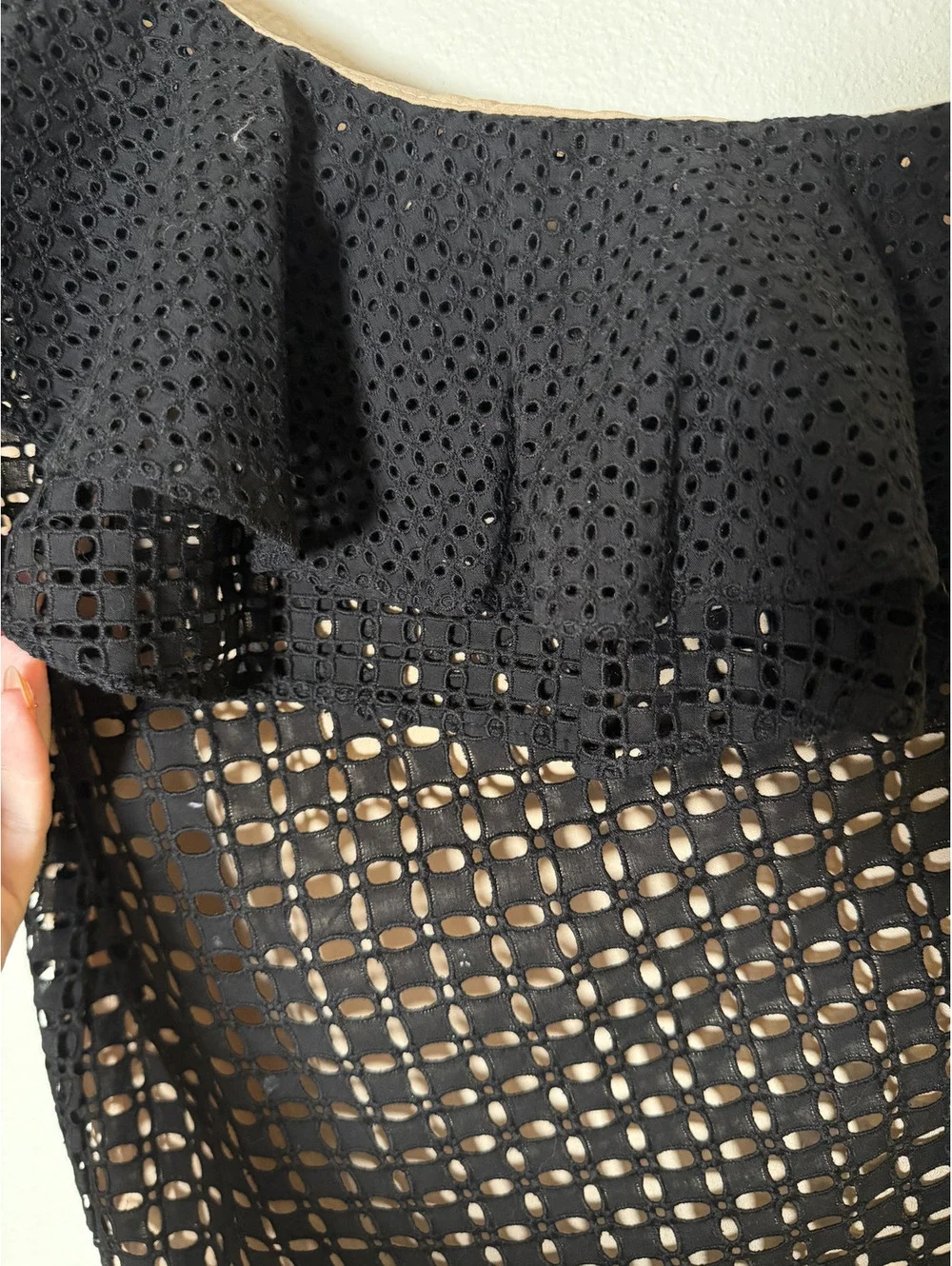 J.Crew Black One-Shoulder Ruffle Eyelet Top Nude Lined Size 4